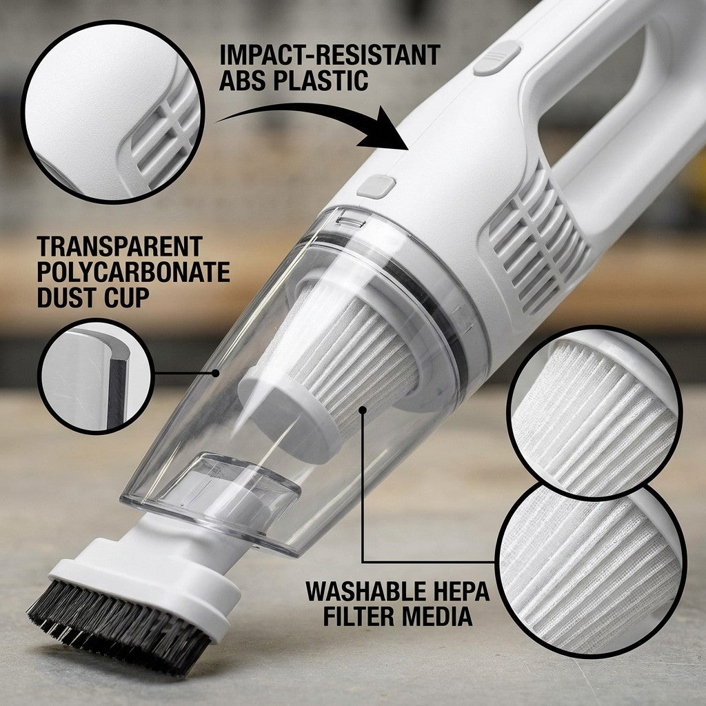 handheld car vacuum close-up construction and materials