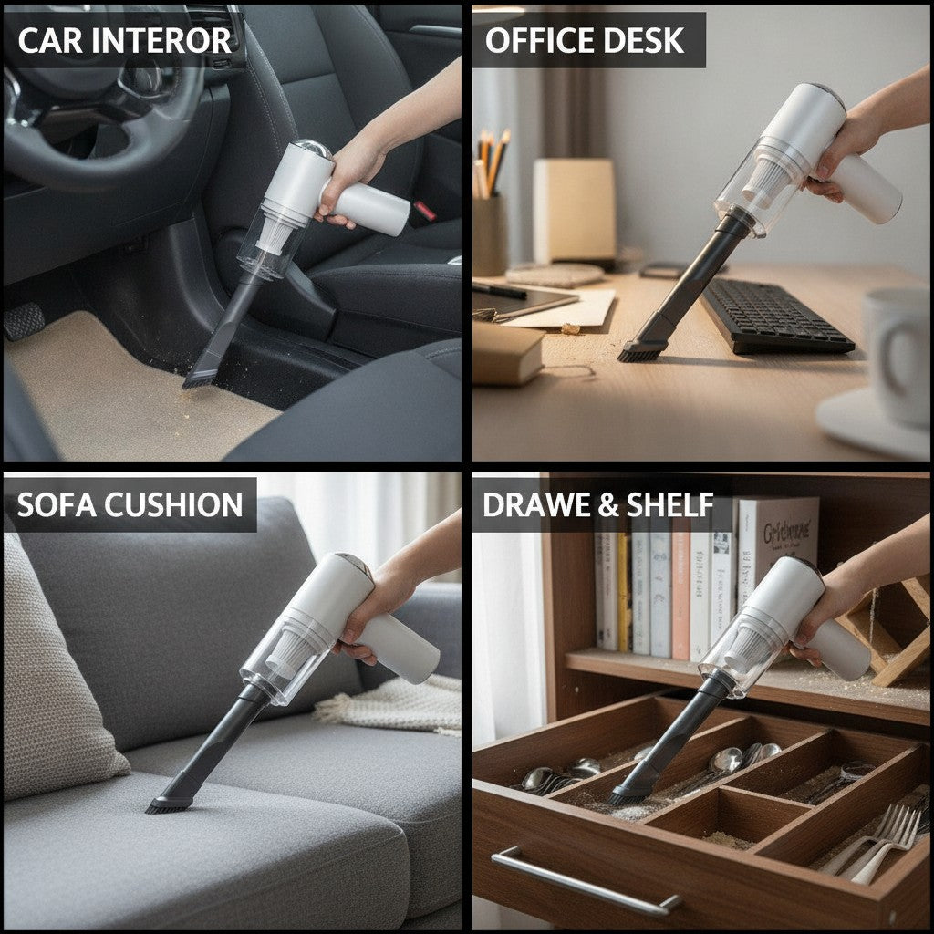 handheld car vacuum shown in multiple settings
