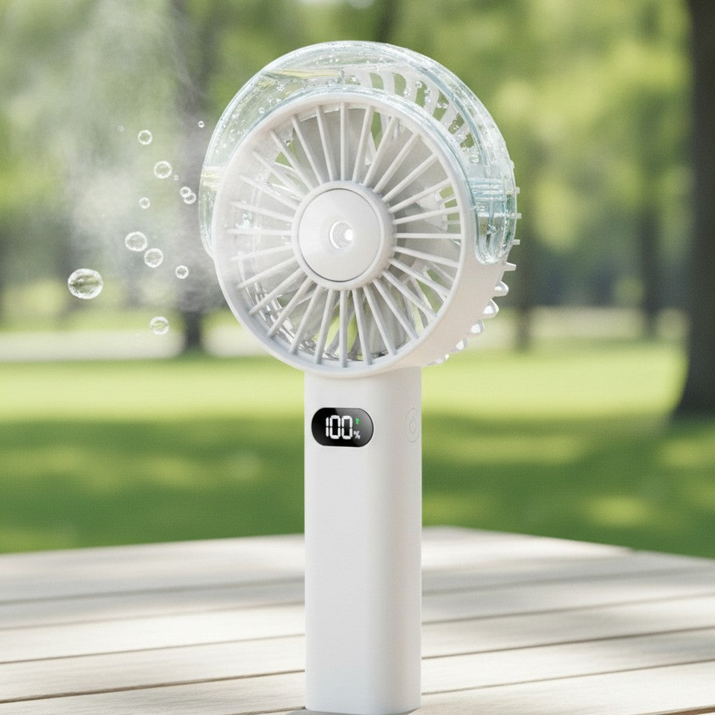 handheld misting fan in use, lifestyle scene