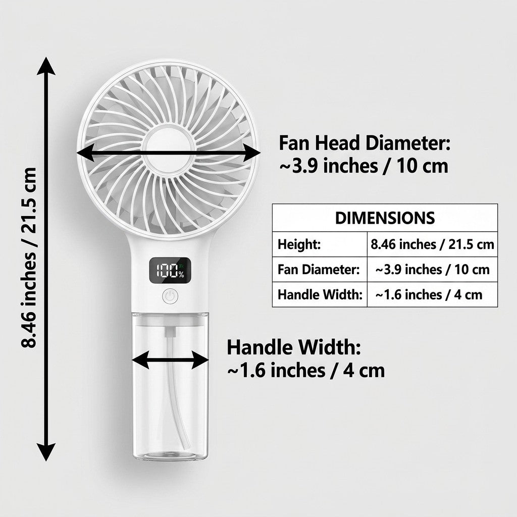 handheld misting fan dimensions and size guide