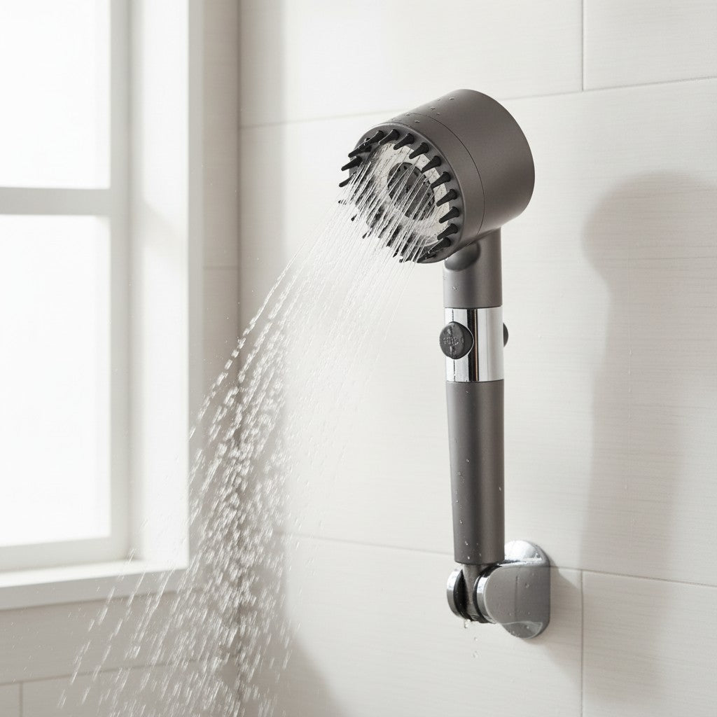 handheld shower head in use, lifestyle scene