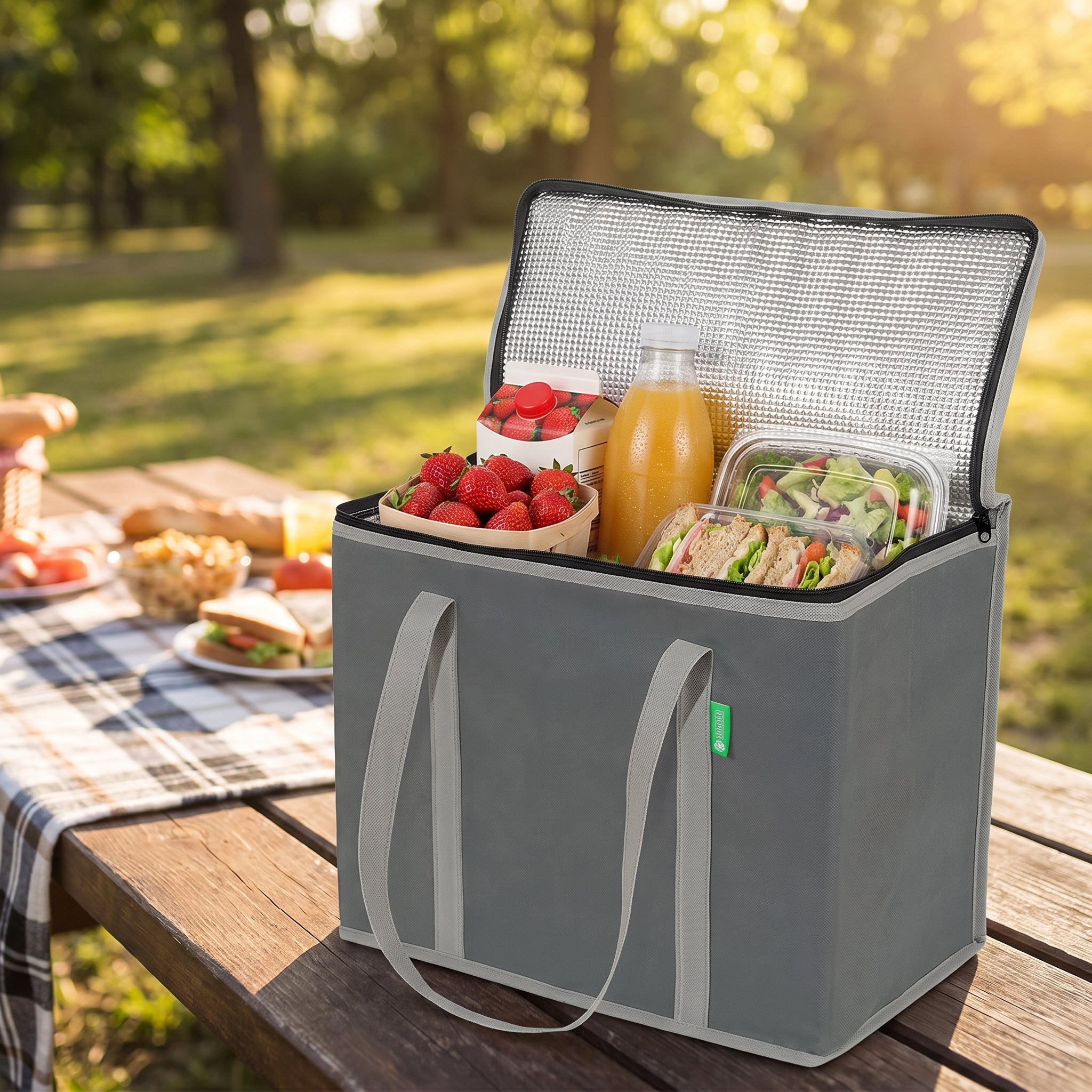 Lunch Bag Insulated Cooler Set Two Gray Foldable - in-use