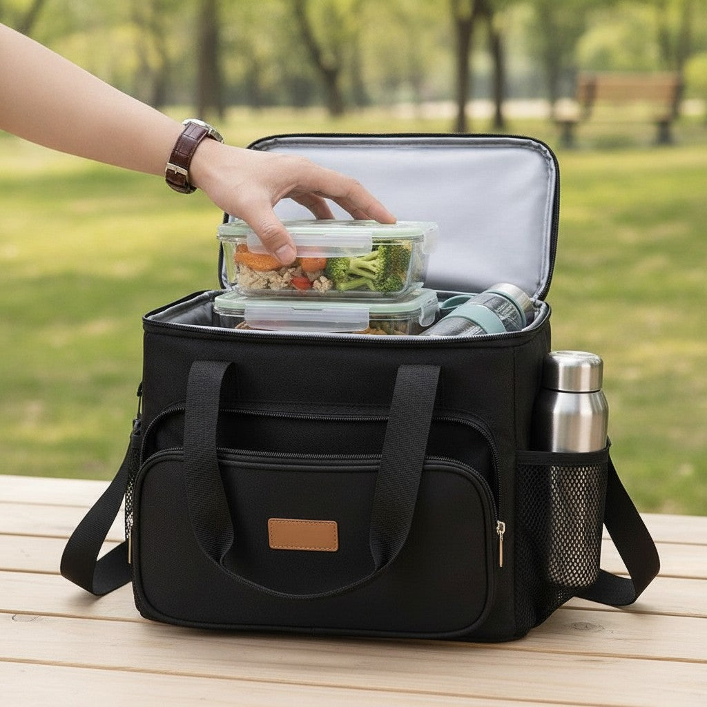 insulated lunch bag in use, lifestyle scene