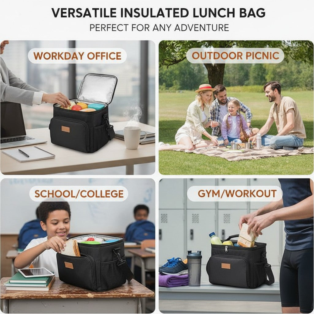 insulated lunch bag shown in multiple settings