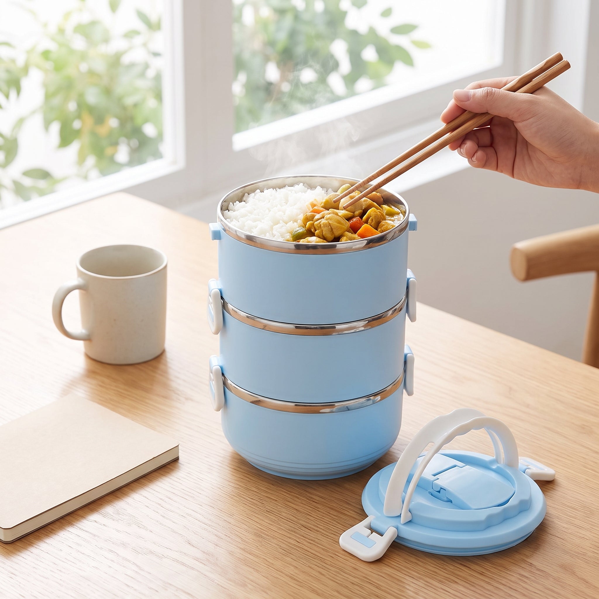 Insulated Lunch Box Bento Food Storage Container Multi-Tiered - in-use
