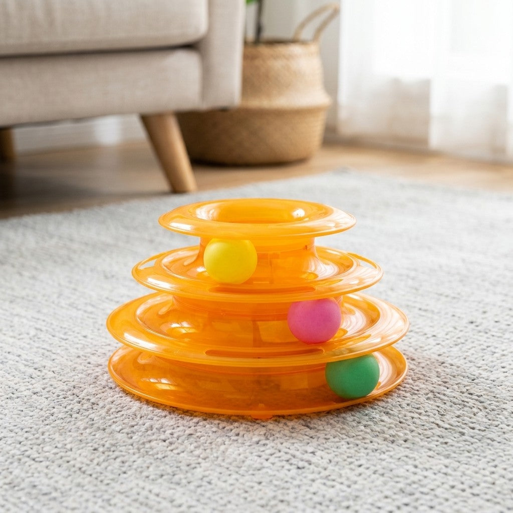 cat toy tower in use, lifestyle scene