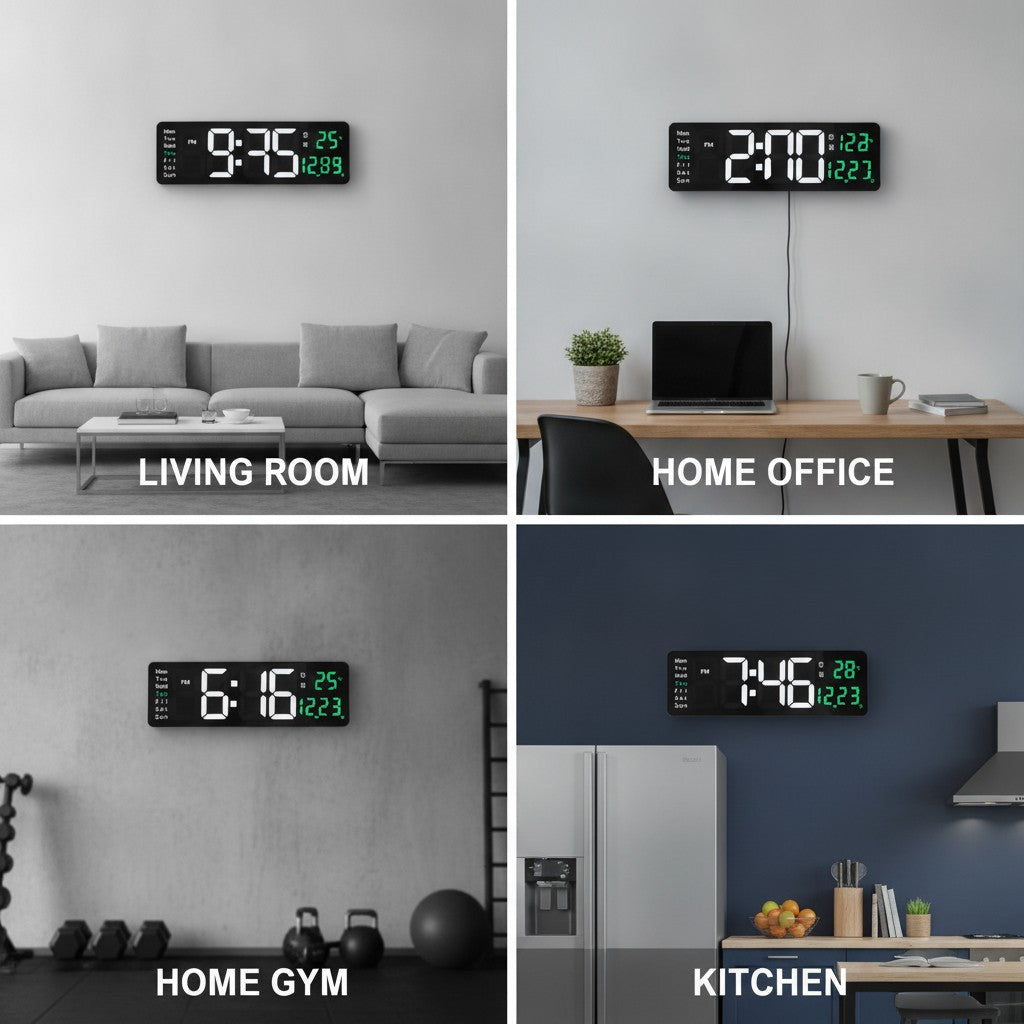 jumbo led wall clock shown in multiple settings