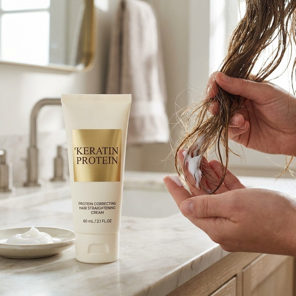 keratin hair treatment tube in use, lifestyle scene