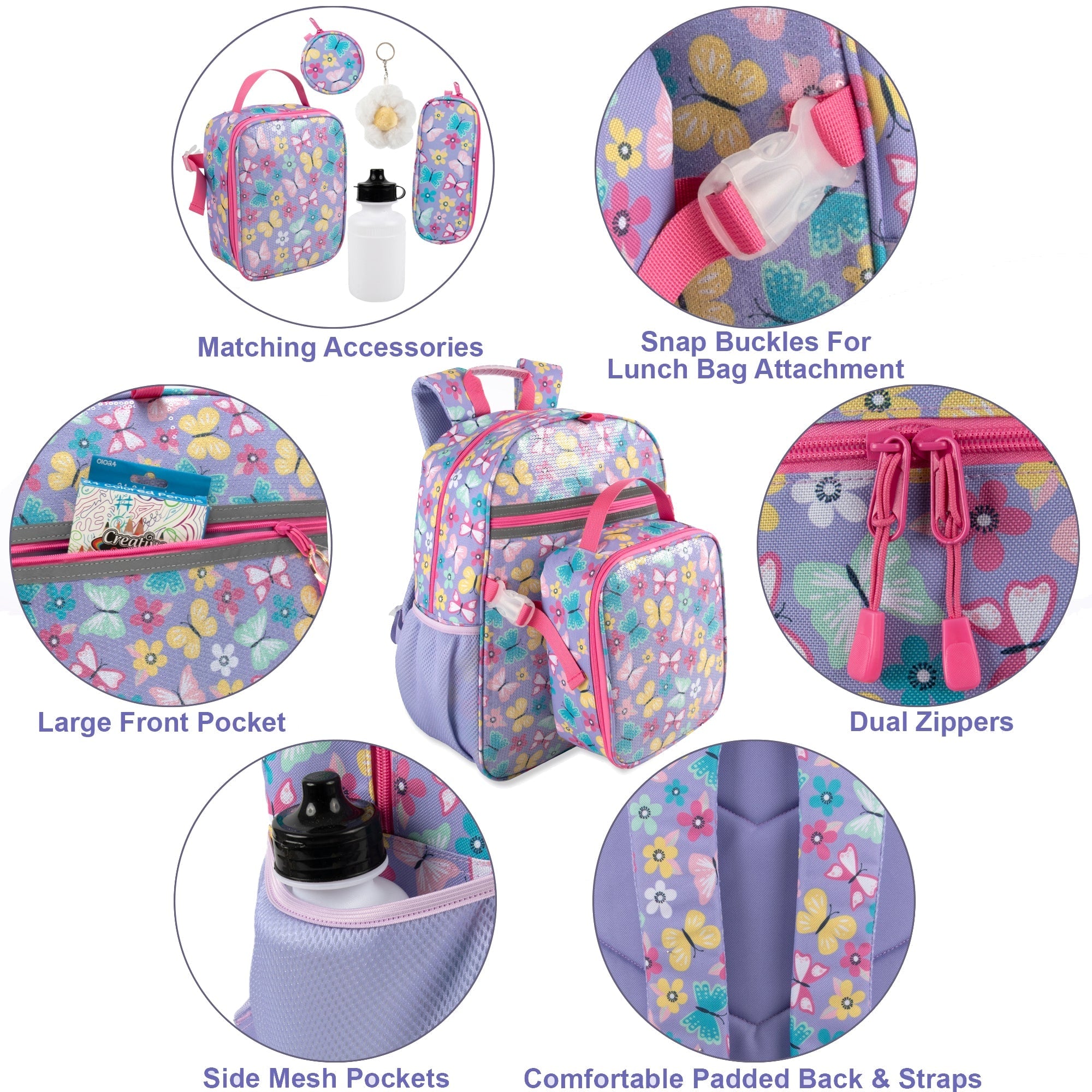 Kids Backpack Girls with Lunch Bag Purple Butterfly Set - Image 4