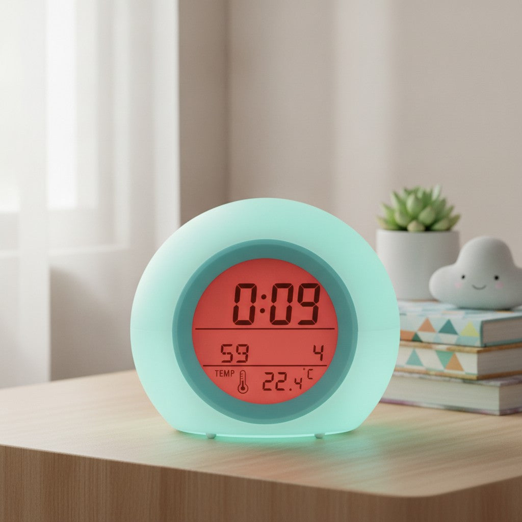 kids alarm clock in use, lifestyle scene