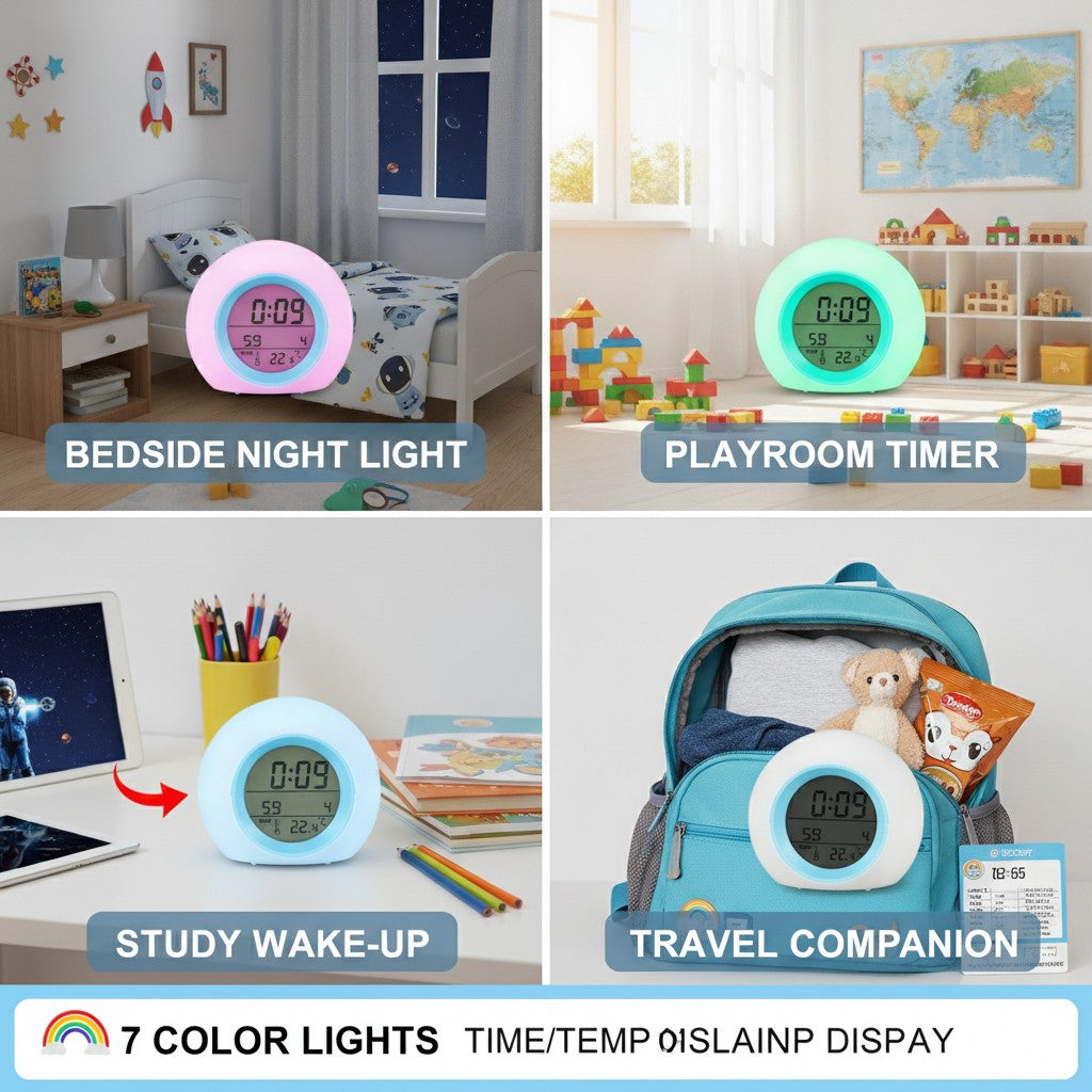 kids alarm clock shown in multiple settings