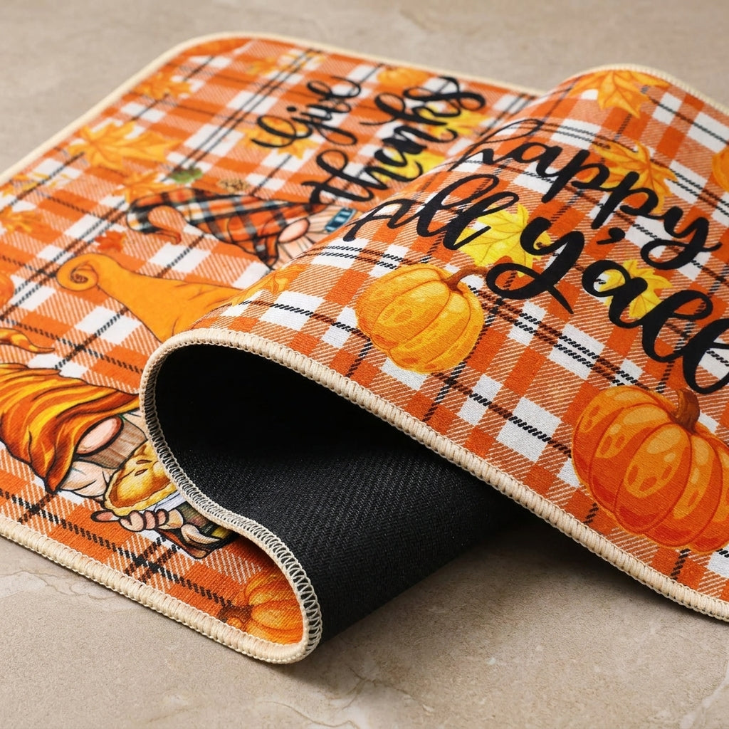 Fall Decor Kitchen Rug Set Non-Slip Orange Plaid Floor Mat - detail