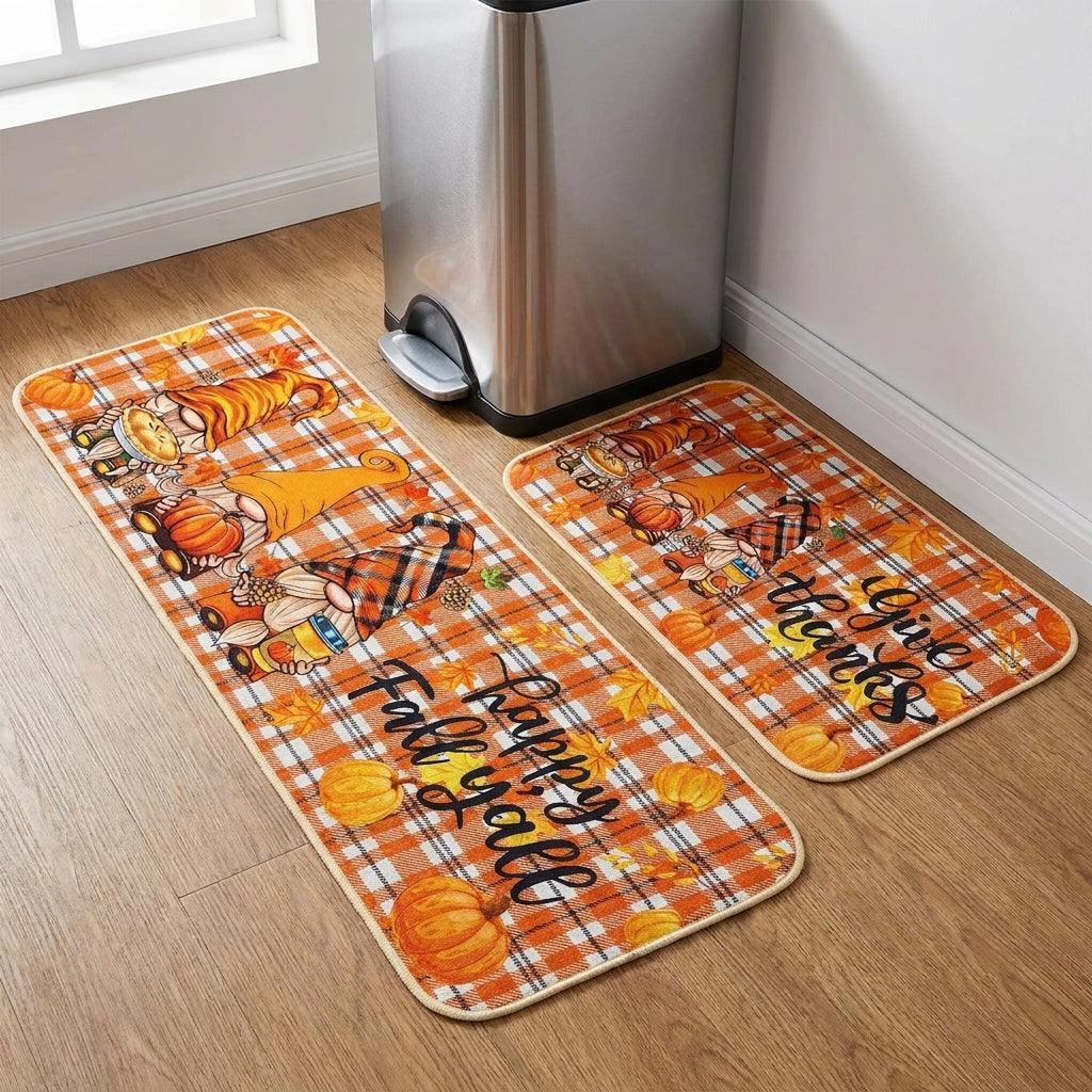 Fall Decor Kitchen Rug Set Non-Slip Orange Plaid Floor Mat - scale