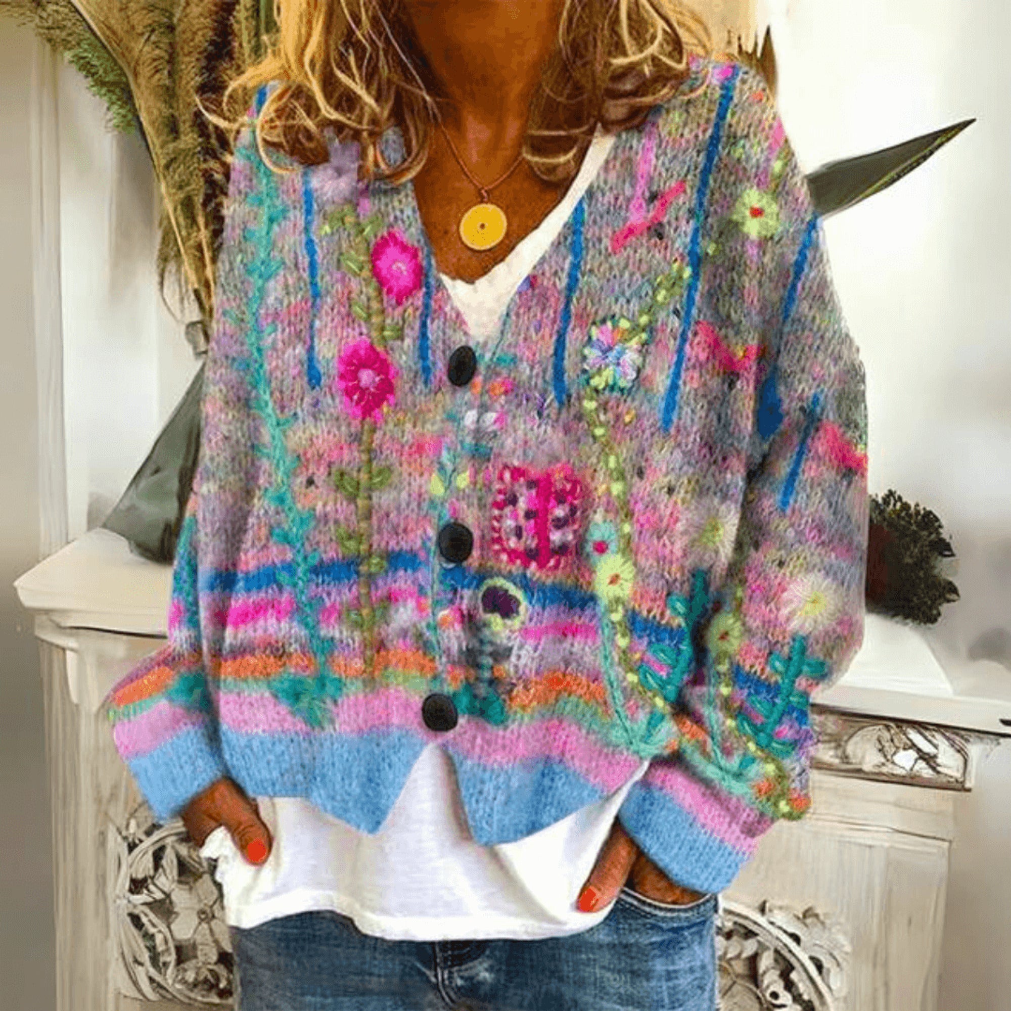 Knit Cardigan Multicolor Floral Embroidery V-Neck Button-Front - Image 1