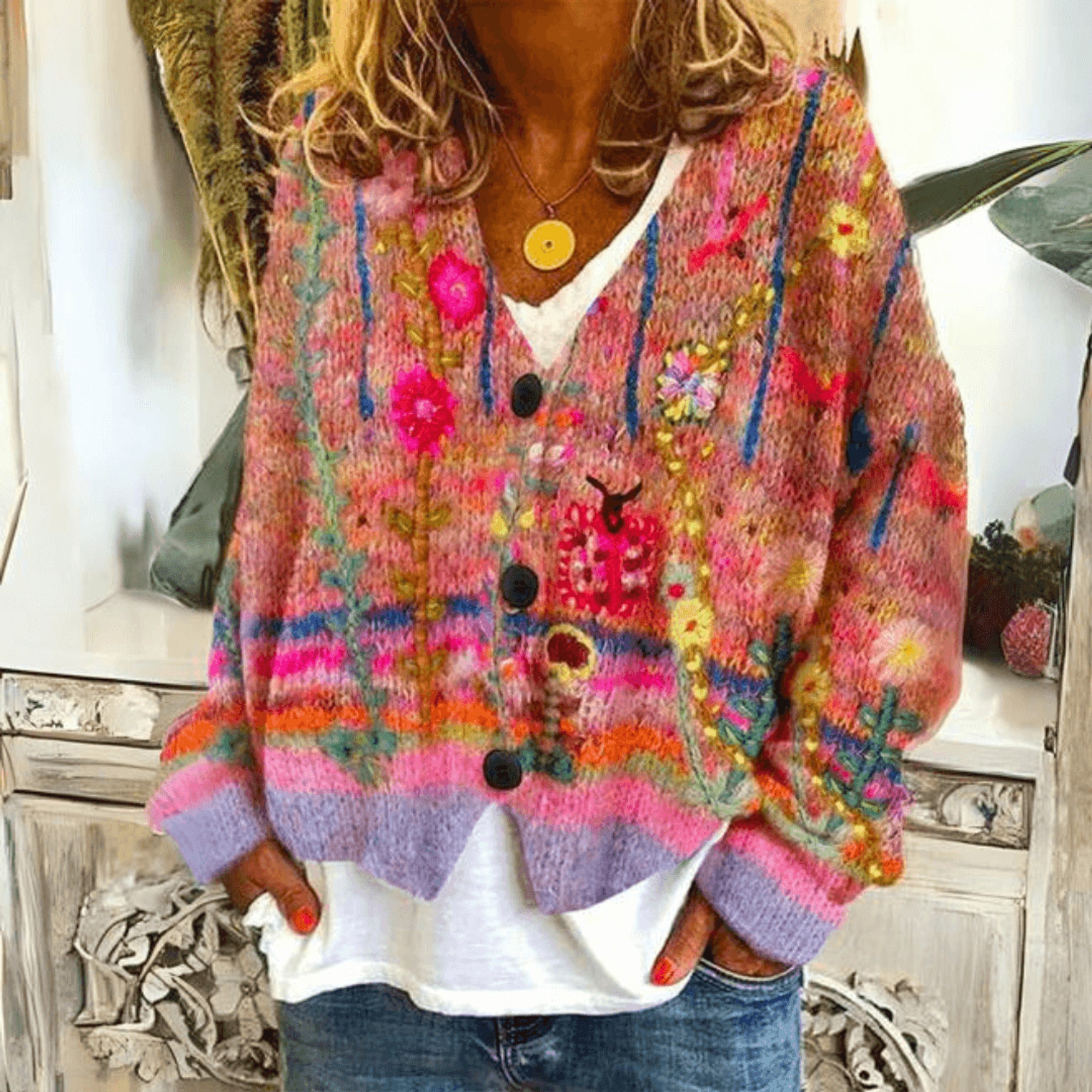 Knit Cardigan Multicolor Floral Embroidery V-Neck Button-Front - Image 3