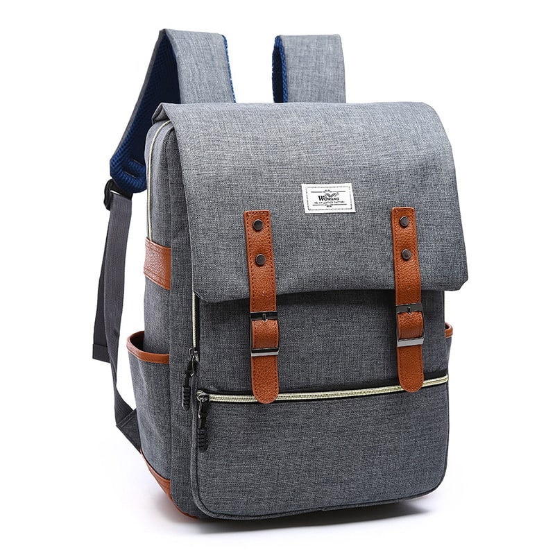 Laptop Backpack Pink And Blue Canvas With Faux Leather Accents - Image 2