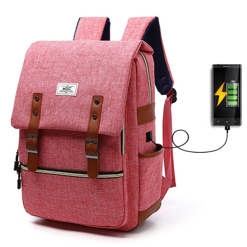 Laptop Backpack Pink And Blue Canvas With Faux Leather Accents - Image 6
