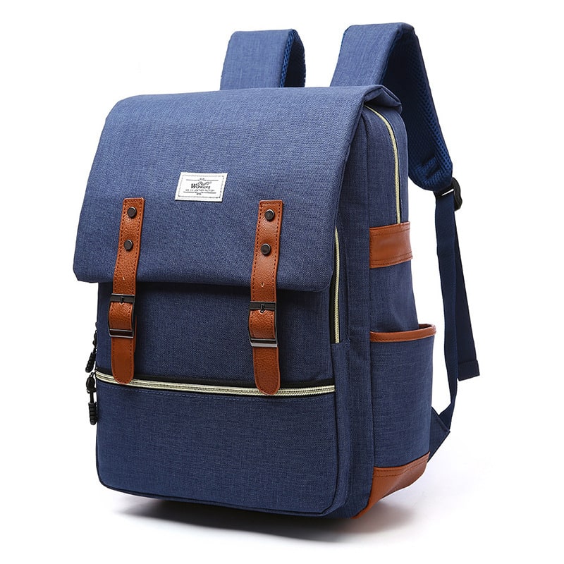 Laptop Backpack Pink And Blue Canvas With Faux Leather Accents - Image 7