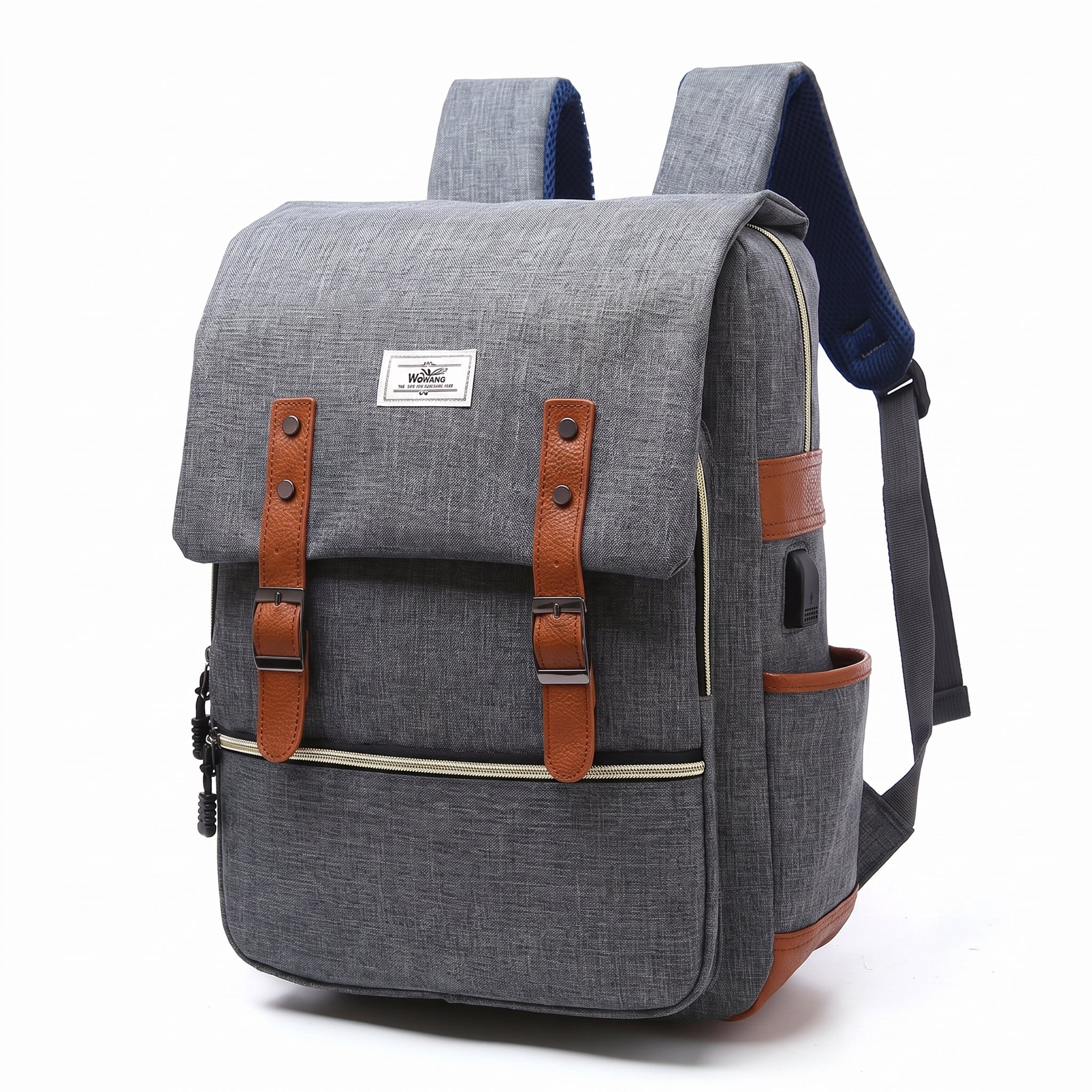 Laptop Backpack Pink And Blue Canvas With Faux Leather Accents - studio