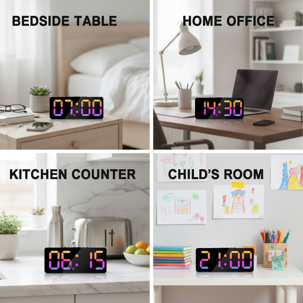 led digital alarm clock shown in multiple settings