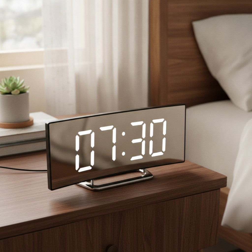 mirror alarm clock in use, lifestyle scene