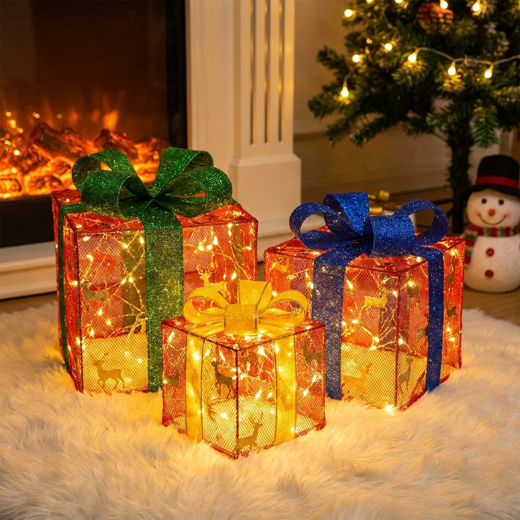 Outdoor Christmas Decorations Lighted Boxes Glittered Set - hero