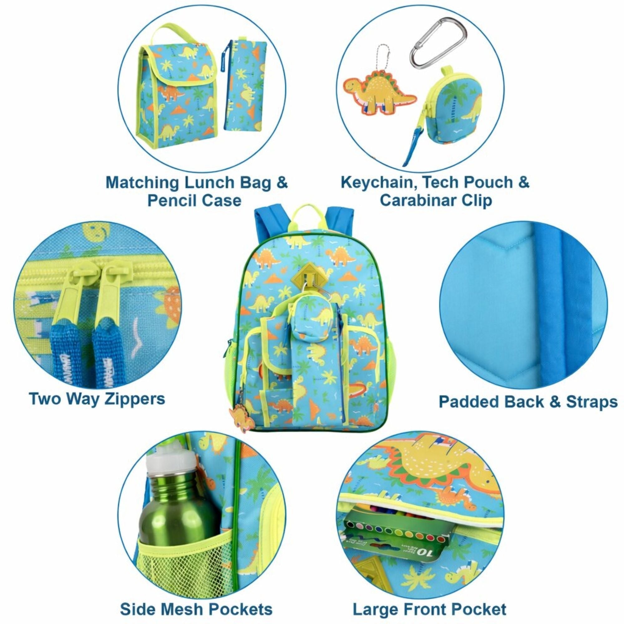 Lunch Bag Insulated Childrens Dinosaur Backpack Set Blue Green Trim - Image 5