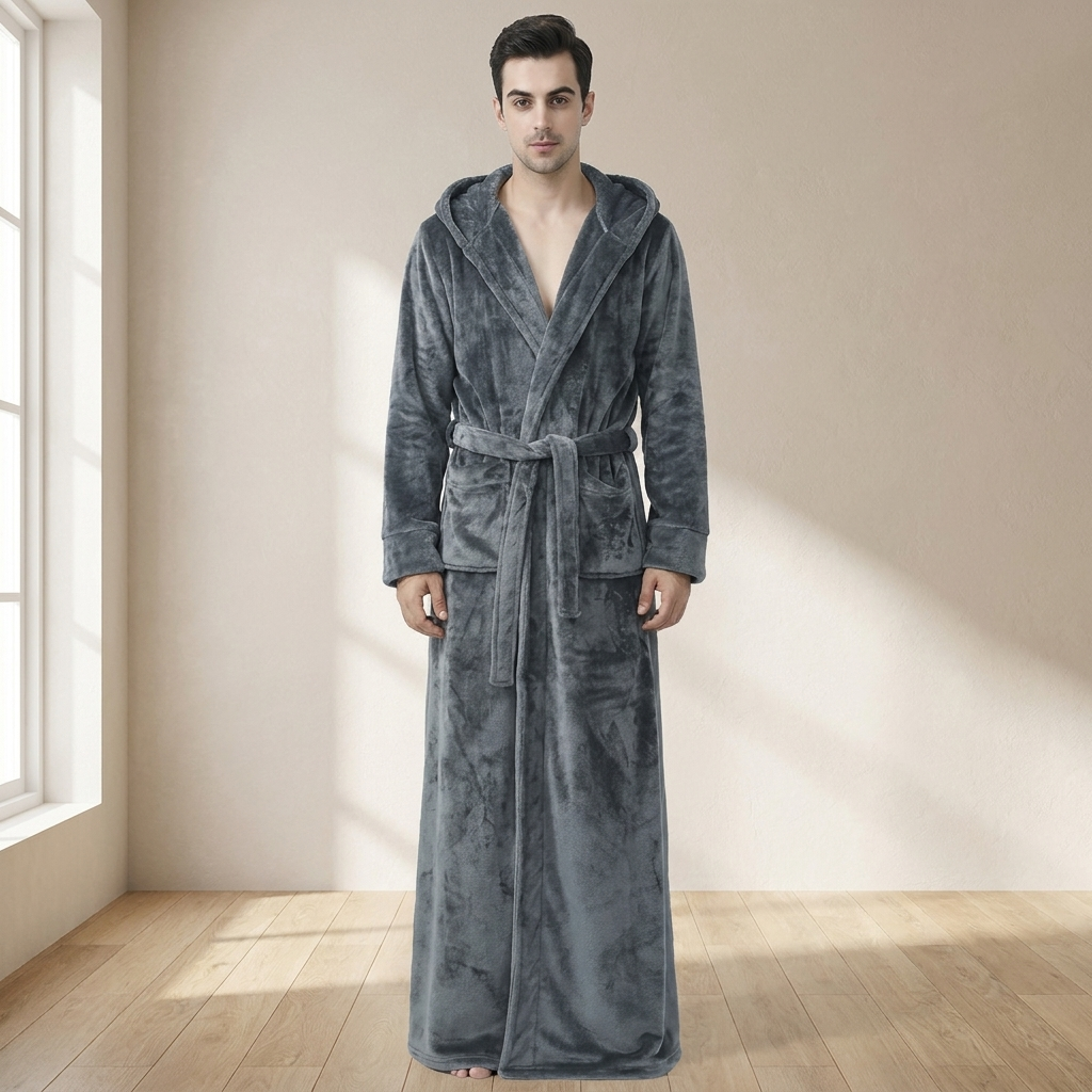 Men's Hooded Robe Robe Plush Long Bathrobe - Image 1
