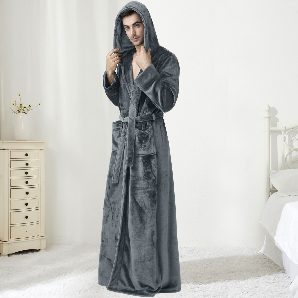 Men's Hooded Robe Robe Plush Long Bathrobe - Image 2