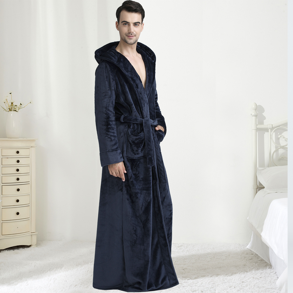 Men's Hooded Robe Robe Plush Long Bathrobe - Image 3