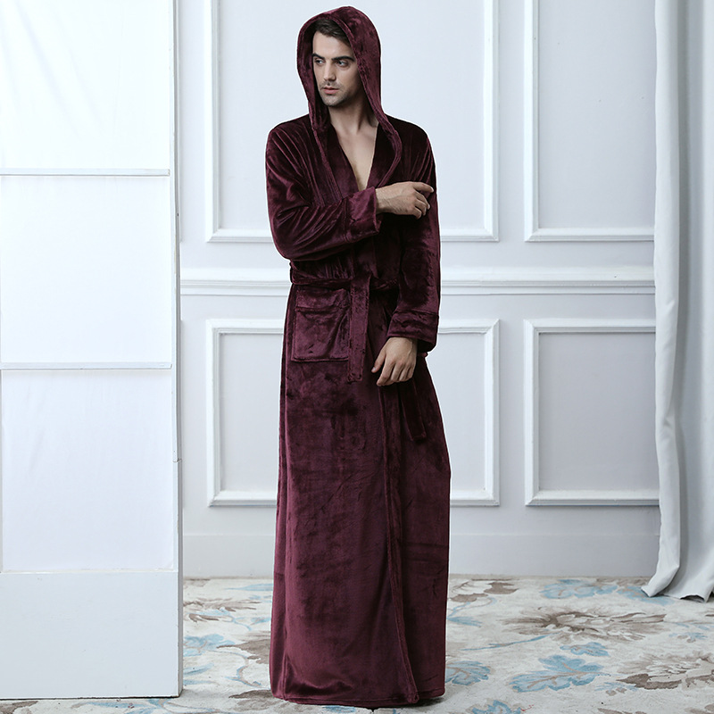 Men's Hooded Robe Robe Plush Long Bathrobe - Image 4