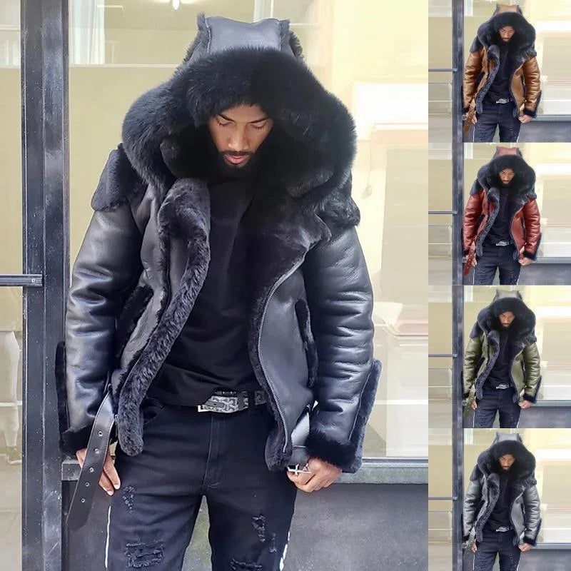 Men's Leather Jacket Hooded Winter Jacket Fur-Lined Buckle - Image 1