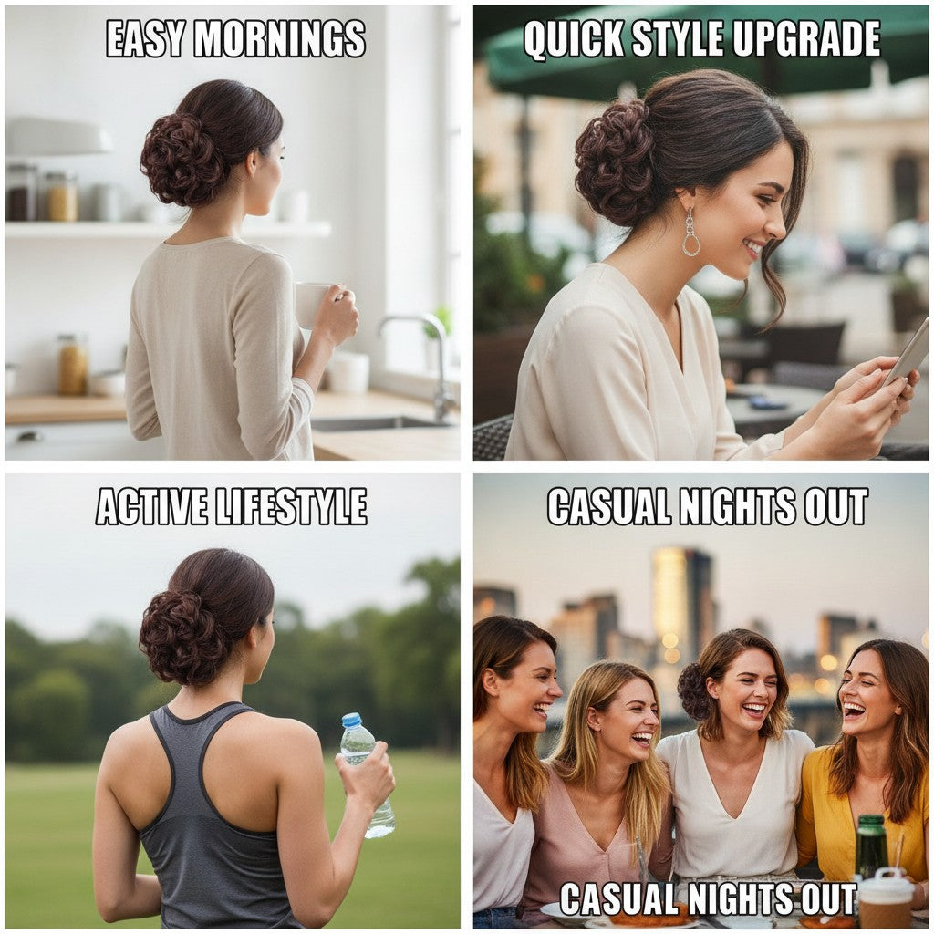 messy bun hair piece shown in multiple settings