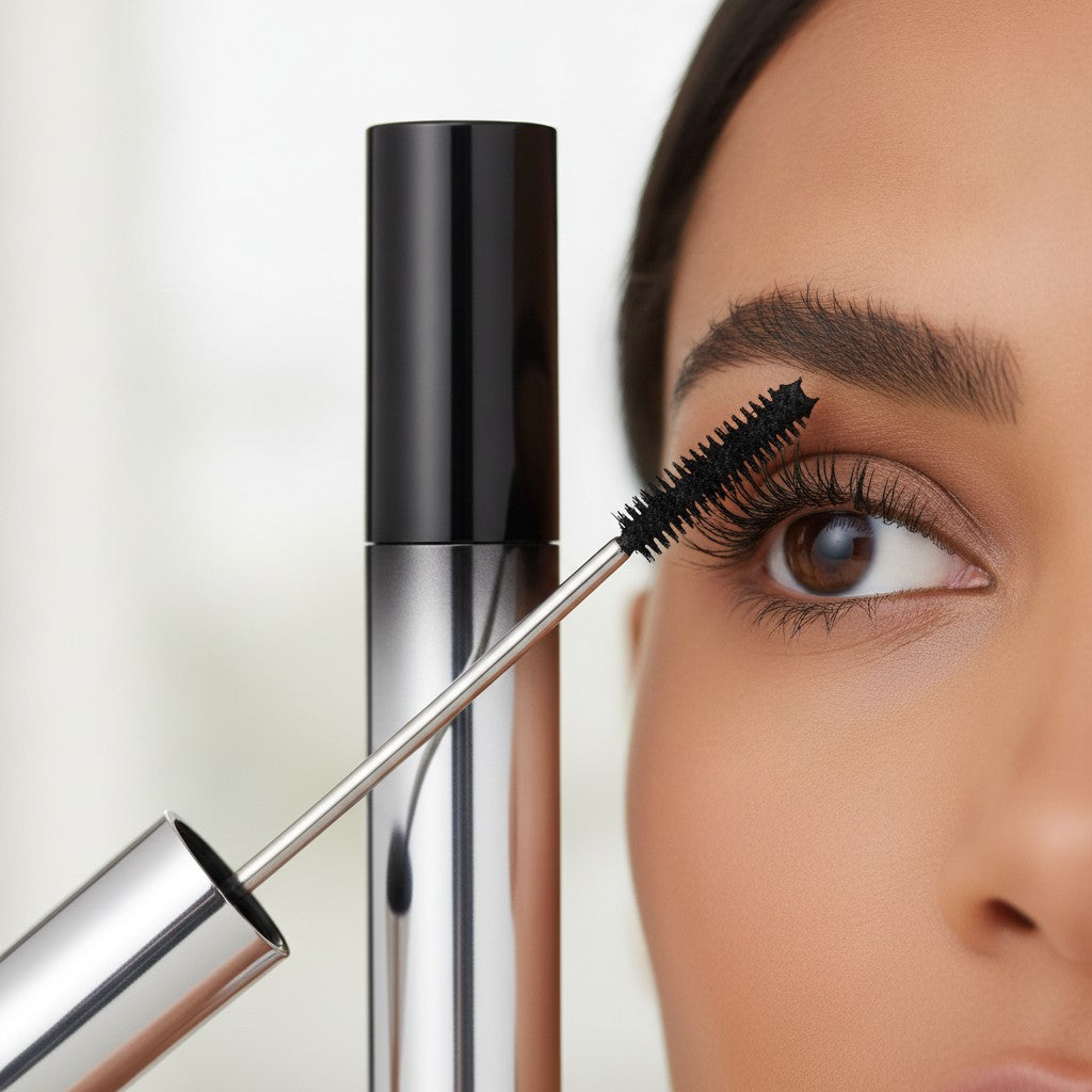 metal wand mascara in use, lifestyle scene