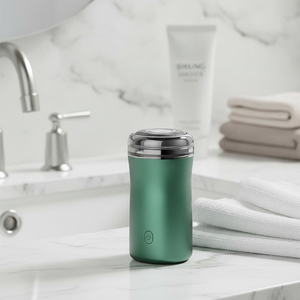 pocket electric razor in use, lifestyle scene