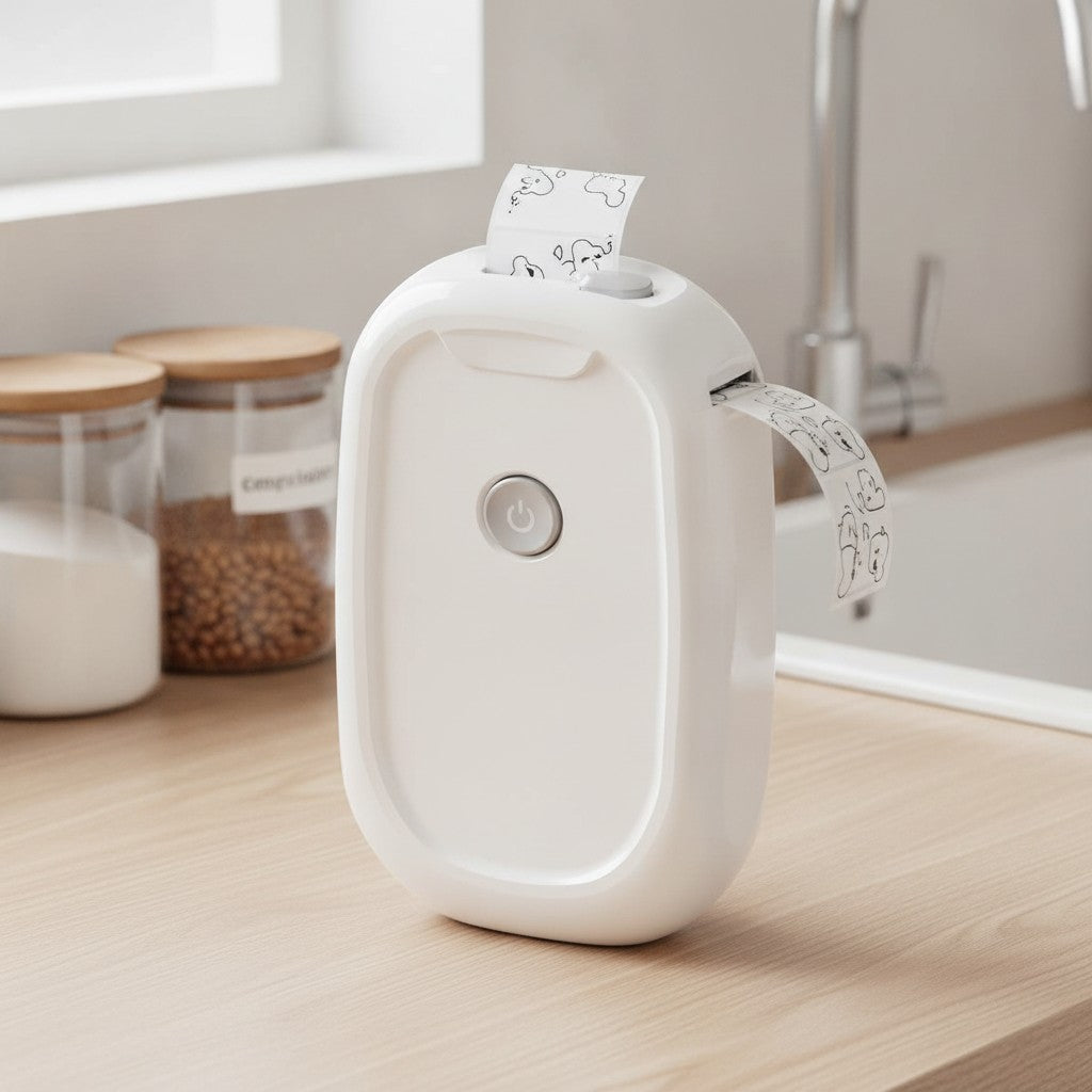 mini label printer in use, lifestyle scene