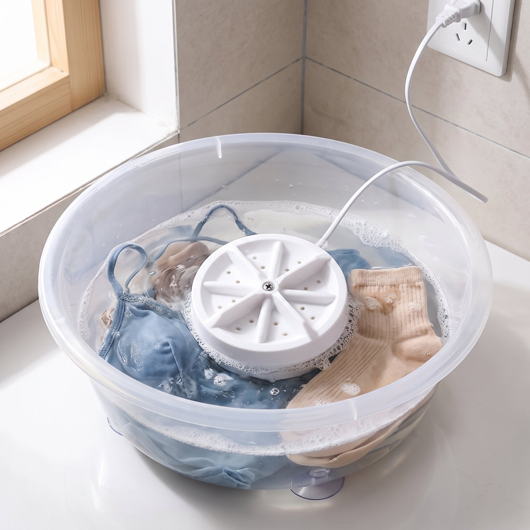 Mini Portable Washing Machine White USB Powered Delicates - in-use