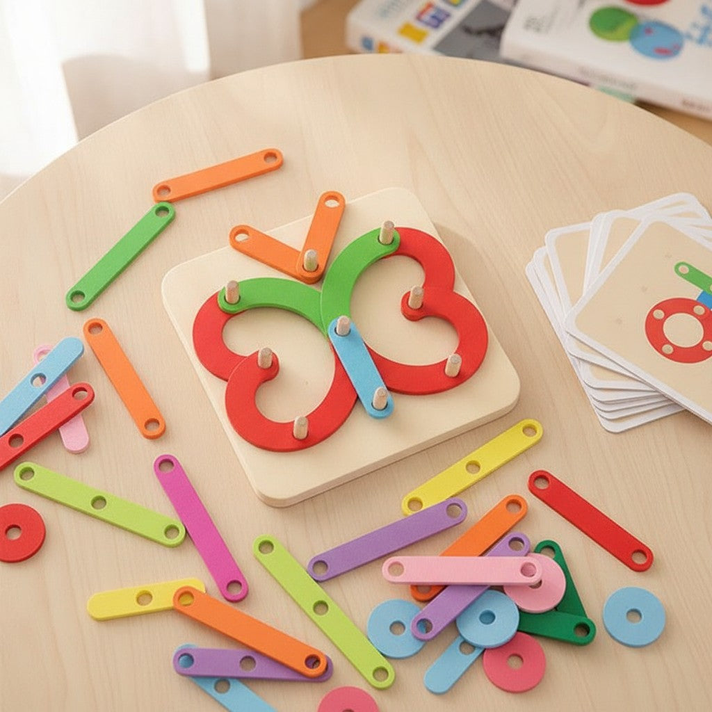 wooden pegboard stacking toy in use, lifestyle scene