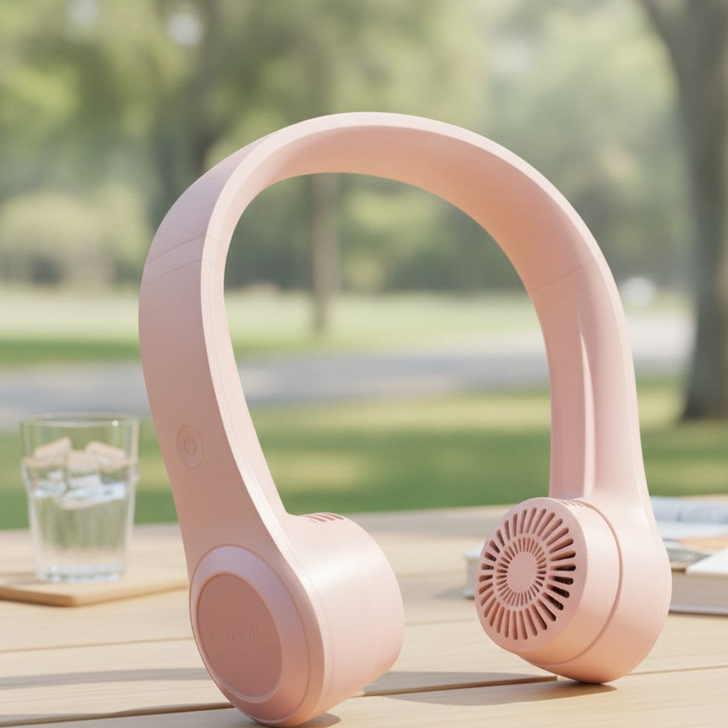 bladeless neck fan in use, lifestyle scene