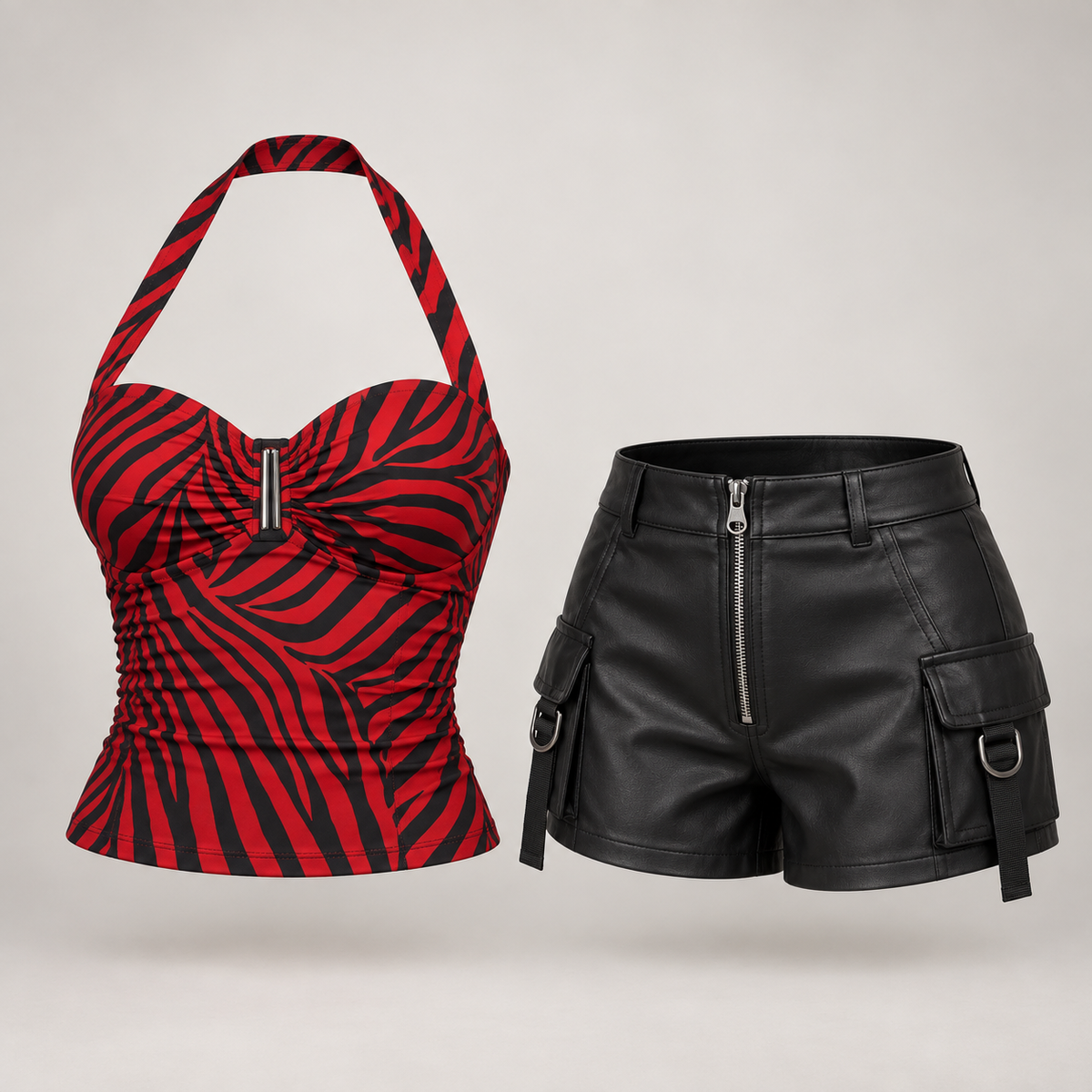 Nikki Obsession red zebra halter top with black shorts