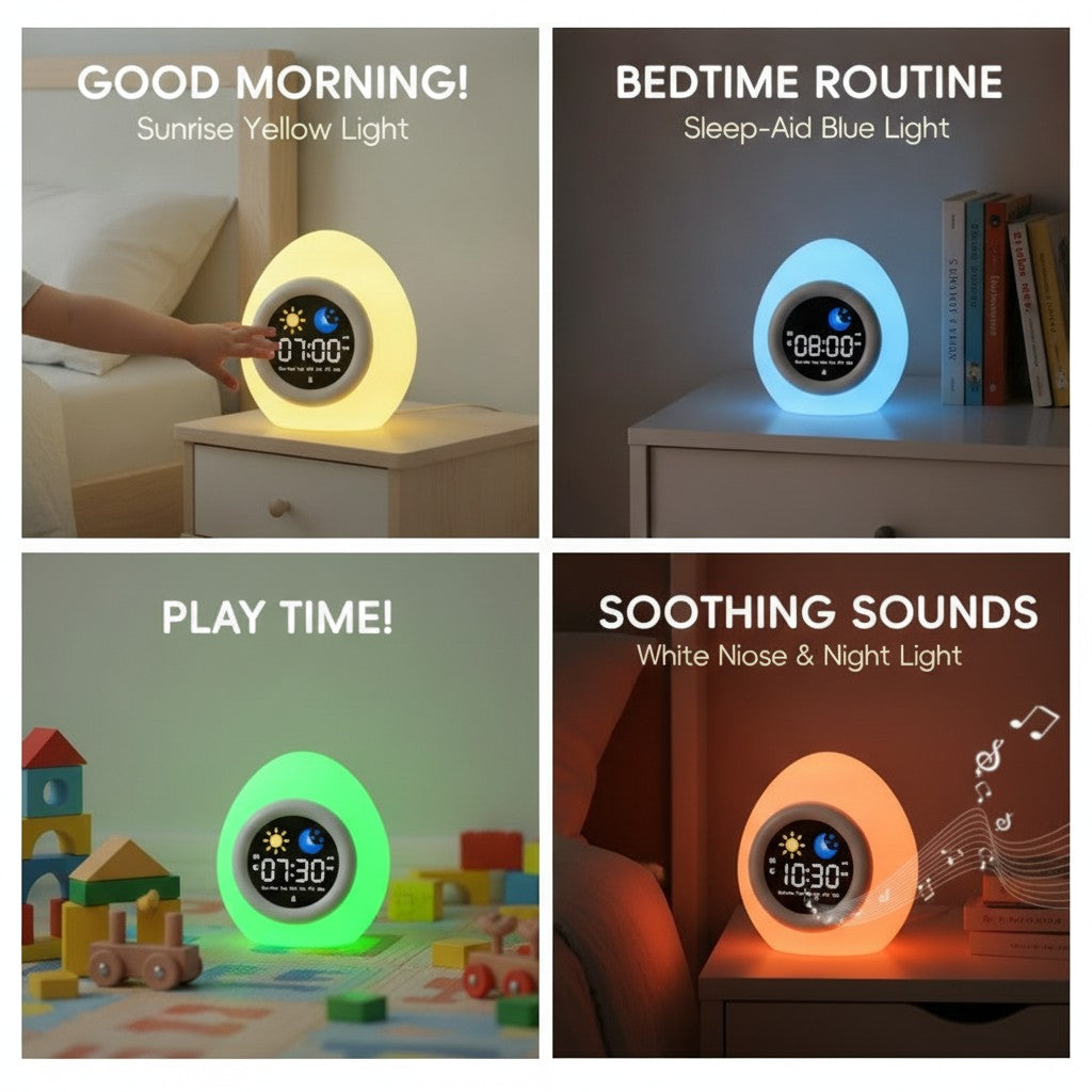 kids alarm clock shown in multiple settings