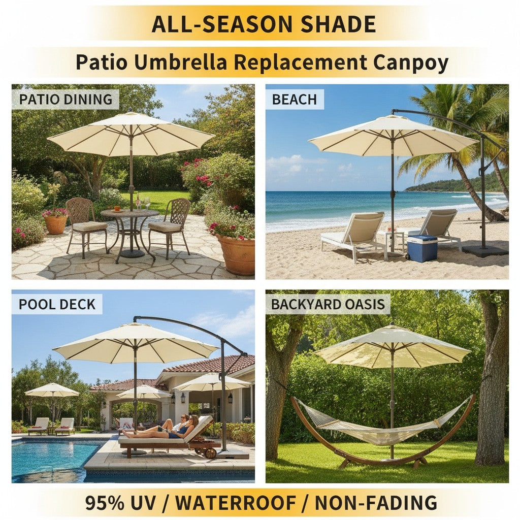 umbrella replacement canopy shown in multiple settings