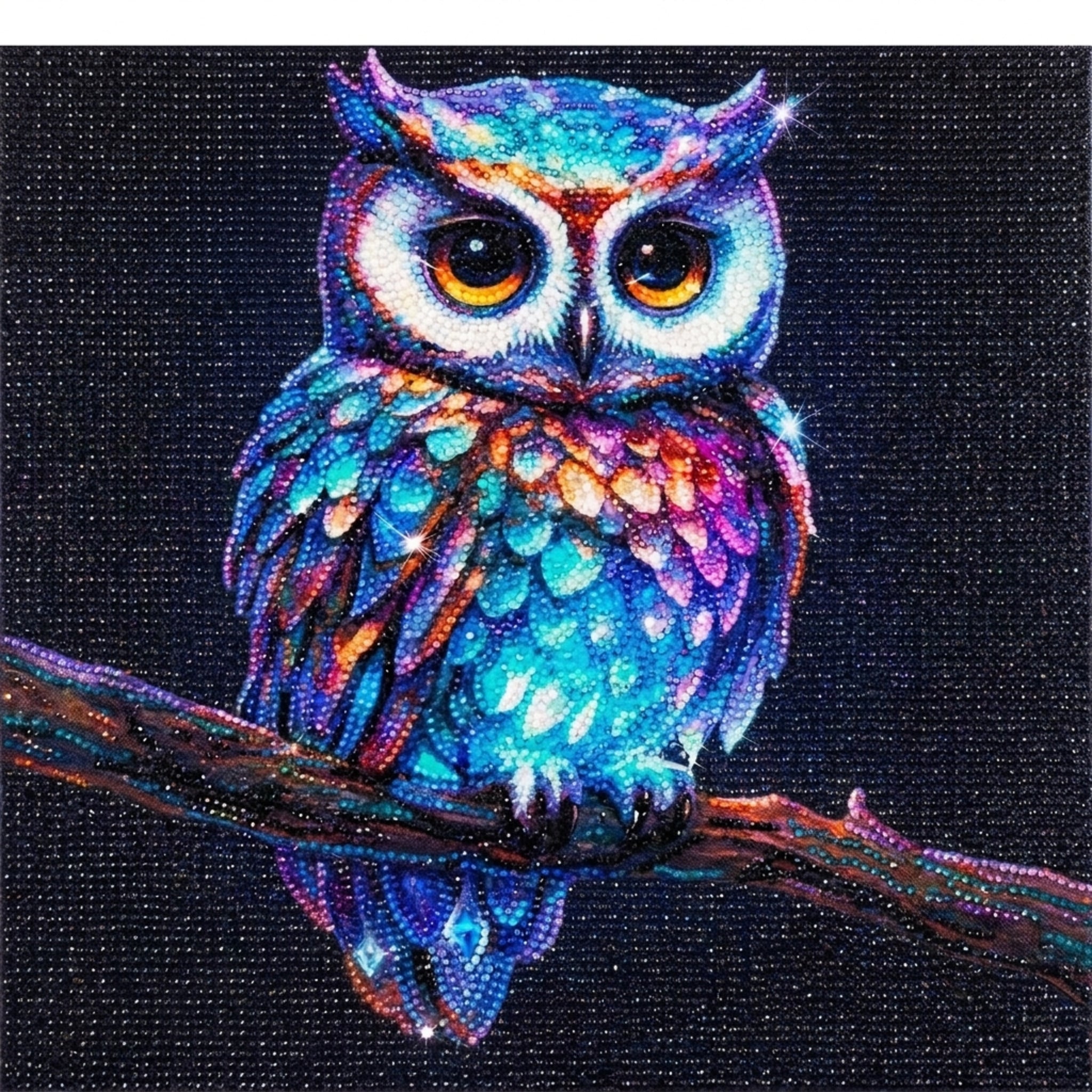 Finished owl diamond painting made with round AB diamonds