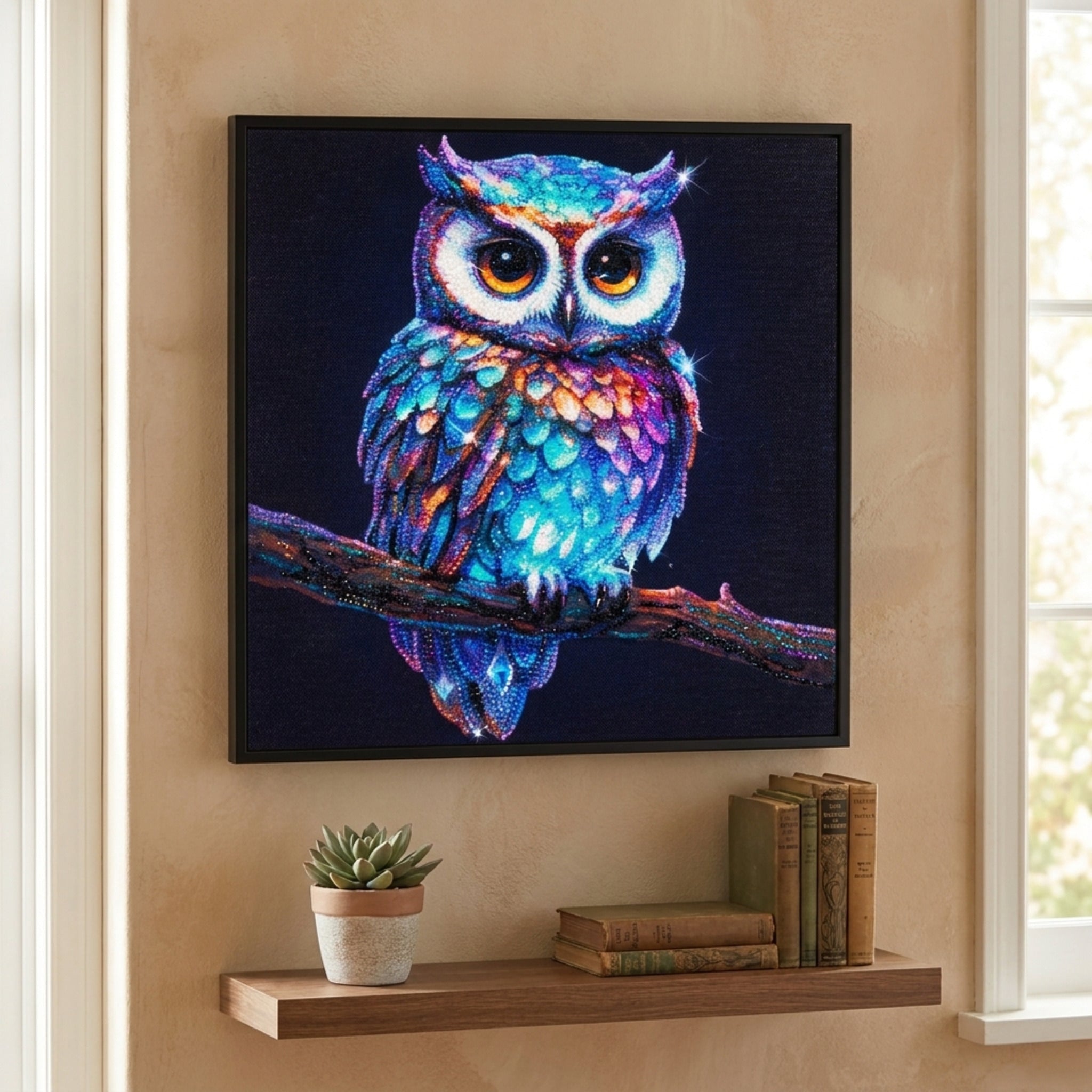 Owl diamond painting framed on a living room wall