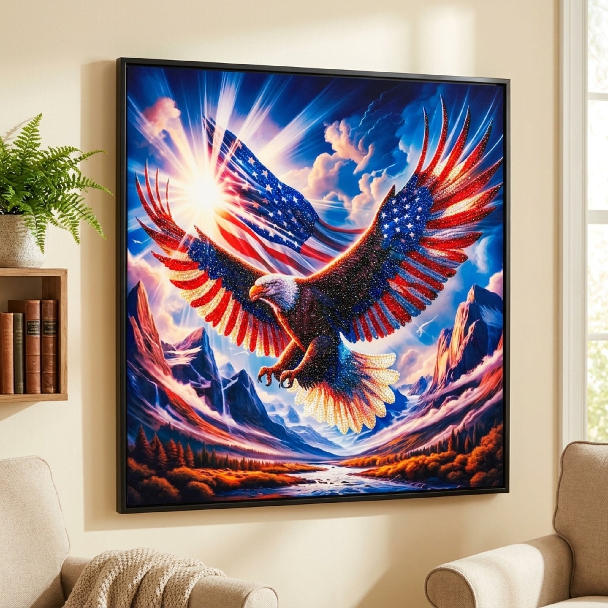 Patriotic eagle diamond painting framed on a wall