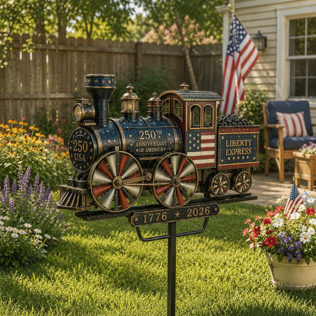 train garden wind spinner in use, lifestyle scene