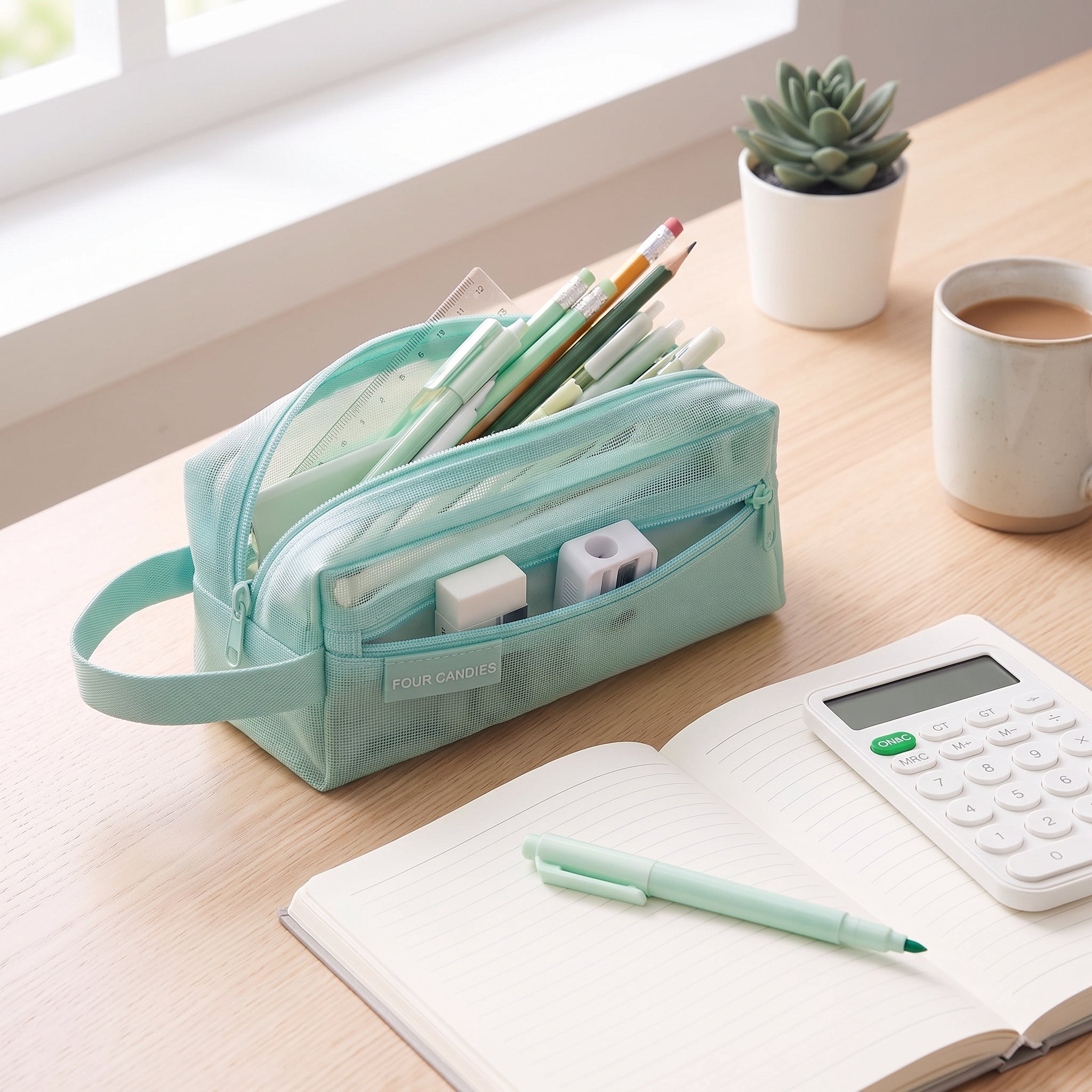 Travel Bag Cute Pen Case Mint Green Mesh Double Layer Zippered Pouch - hero