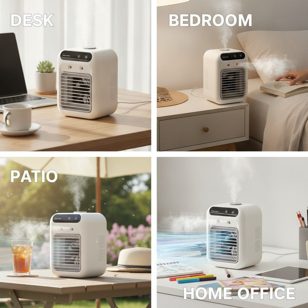 portable air cooler shown in multiple settings