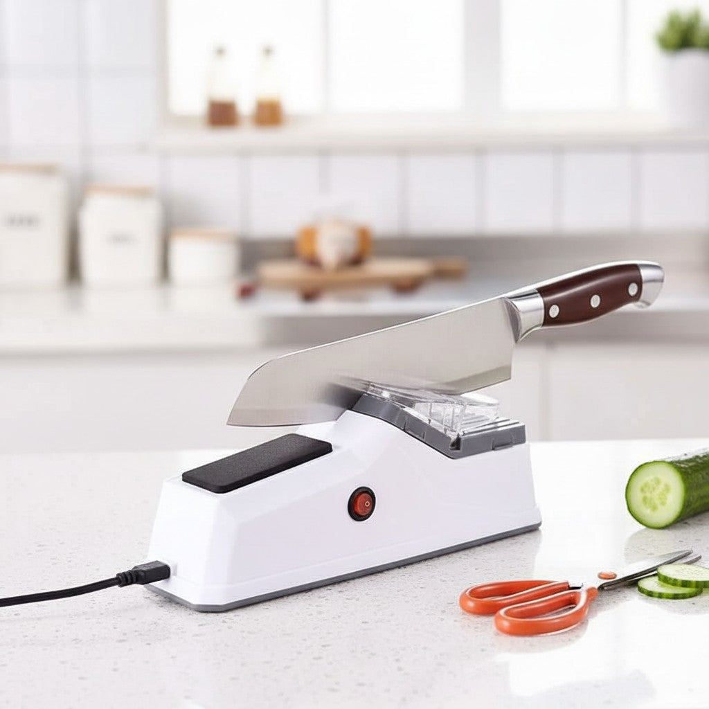 electric knife sharpener in use, lifestyle scene