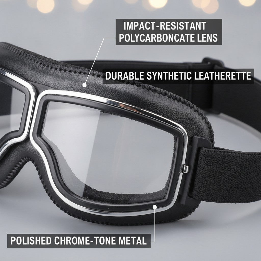 retro motorcycle goggles close-up construction and materials